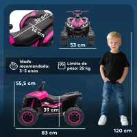 HOMCOM Quadriciclo Elétrico para Crianças de 3-5 Anos Veículo Eléctrico a Bateria 12V com 2 Motores 83x53x55,5 cm Rosa(m-3)