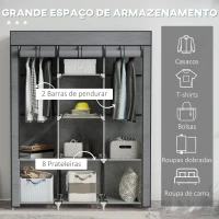 HOMCOM Roupeiro de Tecido Dobrável com 8 Prateleiras de Armazenamento e 2 Barras de Pendurar 125x43x162,5 cm Cinzento(m-4)