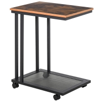 HOMCOM Mesa Lateral en Forma de C Mesa Auxiliar con Ruedas para Sofá Salón Dormitorio Estilo Industrial Retro Mesa Café Ordenador Metal y Madera 51x36x65 cm Natural y Negro