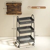 HOMCOM 3-Tier Kitchen Storage Trolley with on Wheels Cover Top Board - Rustic Brown and Black(m-3)
