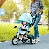 HOMCOM Triciclo para Bebés 2 em 1 de +12 Meses com Capota Dobrável Guiador Telescópico e Removível Bolsa e Porta-Garrafas Verde Água(m-2)