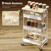 HOMCOM 3-Tier Kitchen Storage Trolley with on Wheels Cover Top Board - White and Oak(m-4)