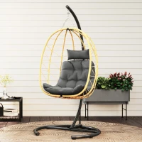 Outsunny Poltrona Sospesa e Pieghevole con Cuscini, in Acciaio e Rattan PE, 102x102x195 cm, Nera Grigia e Beige(m-9)