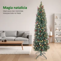HOMCOM Árvore de Natal Slim 180 cm com Luzes LED 8 Modos de Iluminação 461 Ramos com Purpurina Prateada Pinhas e Bagas Verde(m-4)