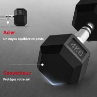 HOMCOM Ensemble d'haltères courtes, lot de 2 haltères hexagonaux recouverts de caoutchouc, acier noir(m-6)