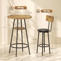 HOMCOM 3-delige Bartafelset met 2 gestoffeerde krukken, kunstleer bekleding, rugleuning, metalen frame, Bruin(m-3)
