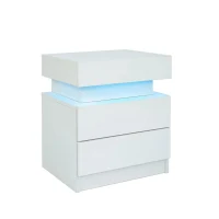 Multi-Functional LED Nightstand with Adjustable Lights, 2 Drawers, Modern Bedside Table for Bedroom, Living Room, 49L x 35W x 52H cm, White(m-2)