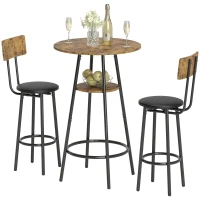 HOMCOM 3-delige Bartafelset met 2 gestoffeerde krukken, kunstleer bekleding, rugleuning, metalen frame, Bruin(m-10)