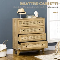 HOMCOM Cassettiera con 4 Cassetti e Inserti in Rattan Stile Boho, 80x35x95 cm, Legno Naturale(m-5)