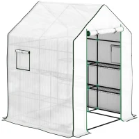 Outsunny Estufa de Jardim Pequena de 3 Níveis com 6 Prateleiras Porta Enrolável e Capa de PE 140x143x190 cm Branco(m-1)
