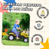 HOMCOM Tractor a Pedales para Niños a partir de 3 Años con Remolque y 2 Herramientas Carga 35 kg 133x42x51 cm Amarillo(m-7)