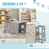 AIYAPLAY Scala Montessori Convertibile in Set Tavolo e Sedie con Barra di Sicurezza, in Legno, 60x44.5x86 cm, Grigio(m-5)