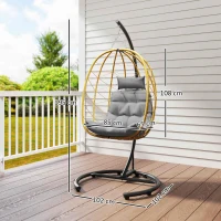 Outsunny Poltrona Sospesa e Pieghevole con Cuscini, in Acciaio e Rattan PE, 102x102x195 cm, Nera Grigia e Beige(m-3)