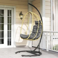 Outsunny Poltrona Sospesa e Pieghevole con Cuscini, in Acciaio e Rattan PE, 102x102x195 cm, Nera Grigia e Beige(m-8)