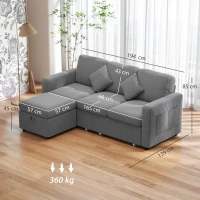 HOMCOM 3-Sitzer Modulares Sofa mit Aufbewahrungshocker aus Ripp-Velours, 196x139x85 cm, Hellgrau(m-3)