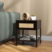 HOMCOM Table de chevet table de nuit avec tiroir et étagère, cannage en rotin, dim. 40L x 40l x 48H cm noir(m-9)