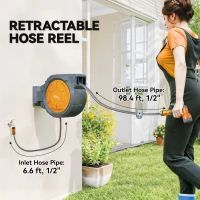 Outsunny Retractable Hose Reel Wall Mounted, 30+2m Garden Hose Pipe Reel with Lock, Auto Rewind, 7 in 1 Spray Nozzle, Includes Wall Fixings, 180° Swivel, Outdoor Watering, 59 x 23 x 42 cm, Orange(m-4)
