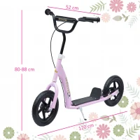 HOMCOM Patinete para Niños de 5-12 Años Scooter de 2 Ruedas Grandes de 12 Pulgadas con Freno y Manillar Ajustable en Altura Carga Máx. 50 kg 120x52x80-88 cm Rosa(m-3)