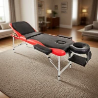 Portable Aluminium Massage Table, 3-Section Foldable Couch Bed with Adjustable Headrest, Arm Support, and Carrying Bag, Black+Red(m-1)