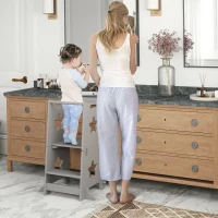 AIYAPLAY Escalera Montessori Convertible en Set de Mesa y Sillas con Barra de Seguridad, en Madera, 60x44.5x86 cm, Gris(m-2)