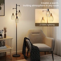 HOMCOM 3-Light LED Floor Lamp, 170cm Industrial Dimmable Standing Lamp with Steel Wire Cage Lampshades, 2700K for Living Room, Bedroom, Dining Room, Study, Black(m-5)