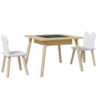 AIYAPLAY Set Masă și 2 Scaune pentru Copii 3-6 ani, cu Tablă de Scris și Loc de Depozitare, 60x60x44 cm, Lemn Natural(m-1)