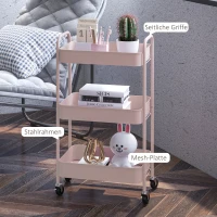 HOMCOM Multifunctionele Winkelwagen Keukenwagen, 3 Planken, 4 Wielen, 45 cm x 30,6 cm x 79 cm, Roze(m-6)