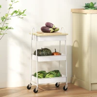 HOMCOM 3-Tier Kitchen Storage Trolley with on Wheels Cover Top Board - White and Oak(m-7)