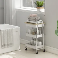 HOMCOM 3-Tier Kitchen Storage Trolley with on Wheels Cover Top Board - White and Oak(m-9)