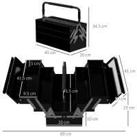 DURHAND 3 Tier Metal Toolbox, 5 Tray Professional Portable Tool Box with Carry Handle for Workshop, 45cmx20cmx34.5cm, Black(m-3)