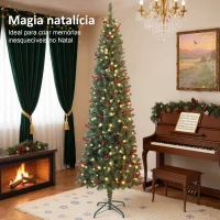 HOMCOM Árvore de Natal Slim 230 cm com Luzes LED 8 Modos de Iluminação 761 Ramos com Purpurina Prateada Pinhas e Bagas Verde(m-4)