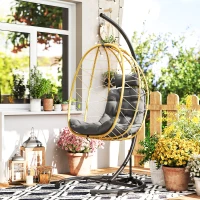 Outsunny Poltrona Sospesa e Pieghevole con Cuscini, in Acciaio e Rattan PE, 102x102x195 cm, Nera Grigia e Beige(m-2)