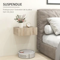 HOMCOM Lot de 2 Tables de Chevet murales - Lot de 2 Tables de Nuit - tiroir Coulissant, Plateau - Panneaux Particules Aspect chêne Clair(m-4)