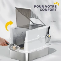 PawHut Bac à litière pour chat fermé, maison de toilette pour chat en acier inoxydable, 60,2 x 40,2 x 43,7 cm, gris clair(m-8)