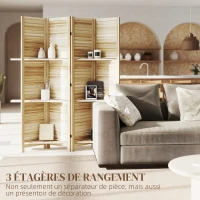HOMCOM Paravent intérieur en bois 4 panneaux 160 x 170 cm, séparateur de pièce pliable avec 3 étagères, bois naturel(m-4)