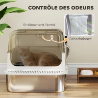 PawHut Bac à litière pour chat fermé en acier inoxydable, maison de toilette pour chat avec pelle, 70 x 50 x 46,5 cm, blanc(m-6)