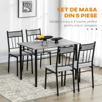 HOMCOM Set masa si scaune 5 buc, masa dreptunghiulara din metal si MDF si 4 scaune de sufragerie cu scaun tapitat cu spuma si poliester(m-4)
