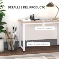 HOMCOM Mesa de Escritorio con Marco de Acero Patas Ajustables Mesa de Estudio para Oficina Hogar 120x60x76 cm Blanco y Natural(m-5)