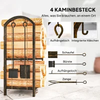 Outsunny 2-laags houtrek voor binnen 43 x 30 x 74 cm met 4-delig haardgereedschap en haken(m-5)