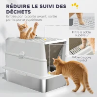 PawHut Bac à litière pour chat fermé, maison de toilette pour chat en acier inoxydable, 60,2 x 40,2 x 43,7 cm, gris clair(m-6)
