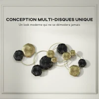 HOMCOM Décoration murale en métal en forme de feuille de lotus, design unique à plusieurs disques, 84 x 35 cm, doré et noir(m-4)