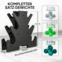 SPORTNOW Hantelset mit Aufbewahrungsgestell, Set mit 6 Hanteln für Fitness-Training, 2 x 1kg, 2 x 3kg, 2 x 5kg(m-4)