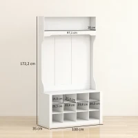 HOMCOM Perchero con Estante, Banco, Ganchos, Compartimentos para Zapatos, Tablero de partículas, MDF, Blanco(m-3)