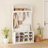 HOMCOM Perchero con Estante, Banco, Ganchos, Compartimentos para Zapatos, Tablero de partículas, MDF, Blanco(m-4)