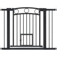 PawHut Haustiertor, 77 cm Treppengatter, verstellbare Breite 76-104 cm, mit Katzentür, für Treppen und Türöffnungen, Schwarz(m-1)