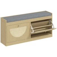 HOMCOM Panca Portascarpe con Sedile Imbottito, Ante Frontali in Rattan e Ripiano Regolabile, per 8 Paia di Scarpe, Legno Naturale(m-1)