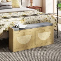 HOMCOM Panca Portascarpe con Sedile Imbottito, Ante Frontali in Rattan e Ripiano Regolabile, per 8 Paia di Scarpe, Legno Naturale(m-4)