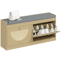 HOMCOM Panca Portascarpe con Sedile Imbottito, Ante Frontali in Rattan e Ripiano Regolabile, per 8 Paia di Scarpe, Legno Naturale(m-6)