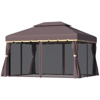 Outsunny Tonnelle de jardin extérieur 4 x 3 m barnum double toit tente de réception avec parois et moustiquaires marron(m-11)