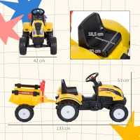 HOMCOM Tractor Pedal con Remolque para Niños 3 Años Juguete de Montar Coche de Pedales Carga 35 kg 133x42x51 cm Amarillo(m-3)